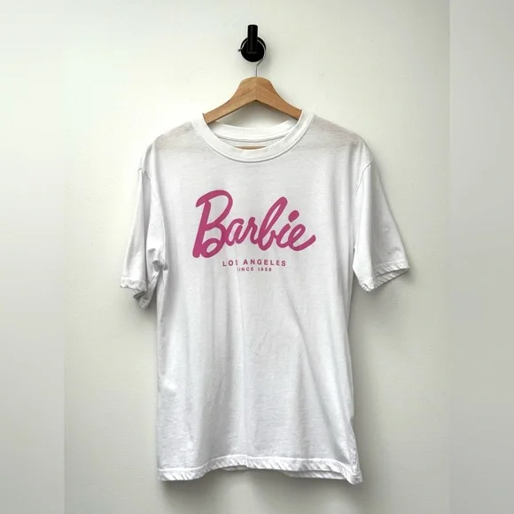 Ardene Oversized Barbie White Tee with Pink Script Logo XS - Picture 4 of 9